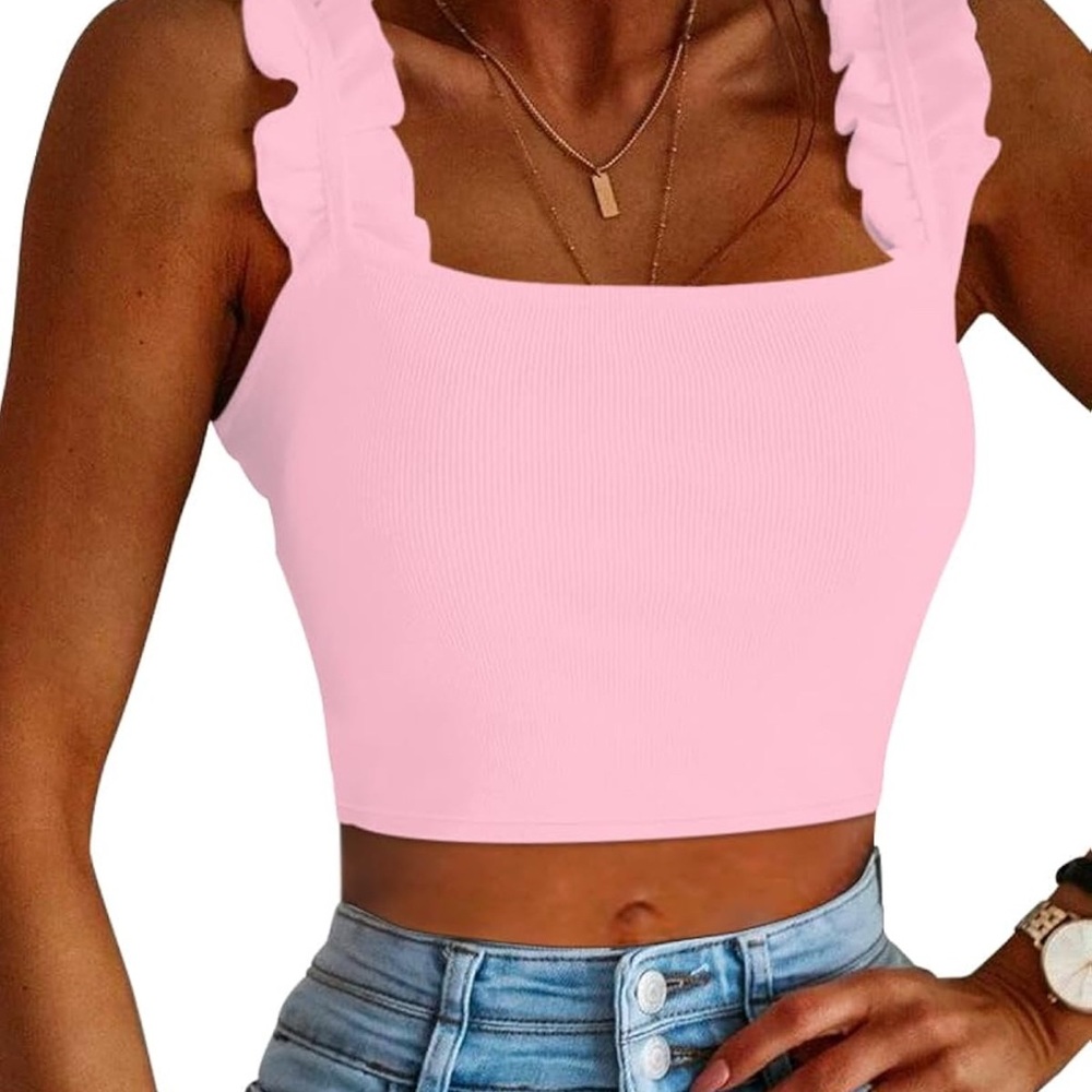 Pink Ruffled Crop Tank Top - Picture 2 of 4